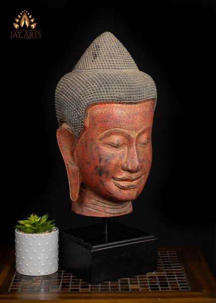 22" Tranquil Wood Buddha Head on Wooden Base Hand-Carved in Cambodia