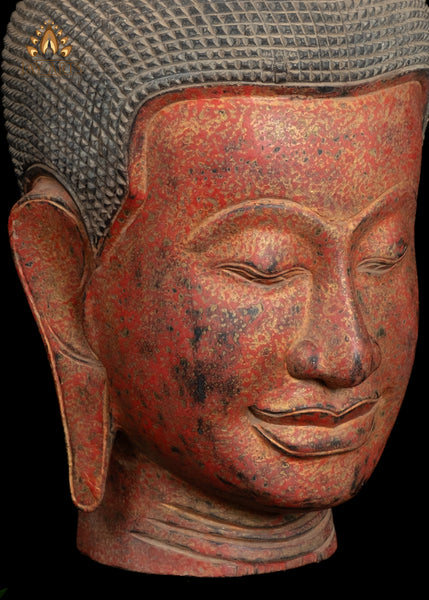 22" Tranquil Wood Buddha Head on Wooden Base Hand-Carved in Cambodia