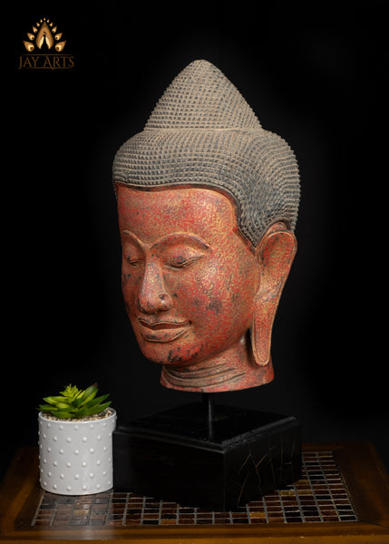 22" Tranquil Wood Buddha Head on Wooden Base Hand-Carved in Cambodia