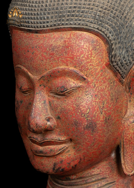 22" Tranquil Wood Buddha Head on Wooden Base Hand-Carved in Cambodia