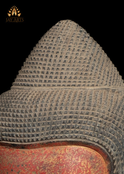 22" Tranquil Wood Buddha Head on Wooden Base Hand-Carved in Cambodia