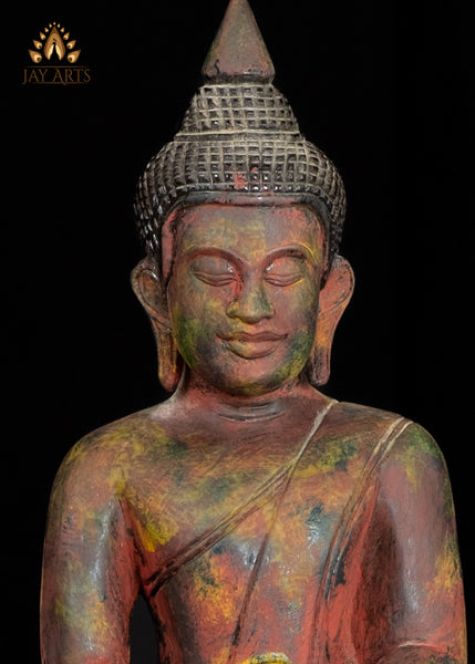 20" Cambodian Wooden Buddha in Meditation Seated on Decorative Base