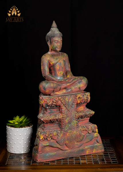 20" Cambodian Wooden Buddha in Meditation Seated on Decorative Base