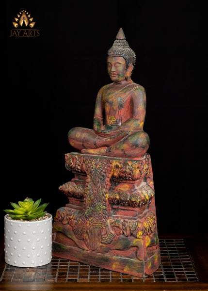 20" Cambodian Wooden Buddha in Meditation Seated on Decorative Base