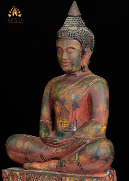 20" Cambodian Wooden Buddha in Meditation Seated on Decorative Base