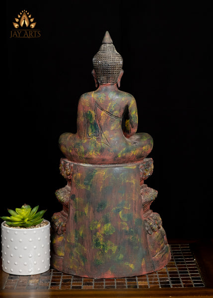 20" Cambodian Wooden Buddha in Meditation Seated on Decorative Base