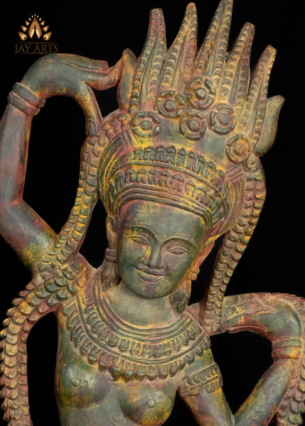 28" Dancing Apsara Wood Statue Cambodian Ethereal Beauty