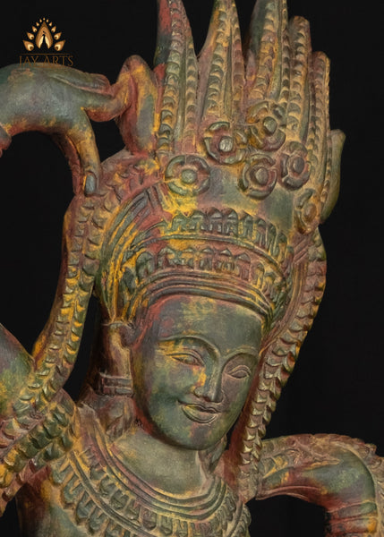 28" Dancing Apsara Wood Statue Cambodian Ethereal Beauty