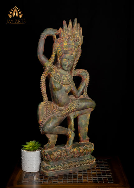 28" Dancing Apsara Wood Statue Cambodian Ethereal Beauty