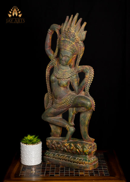 28" Dancing Apsara Wood Statue Cambodian Ethereal Beauty