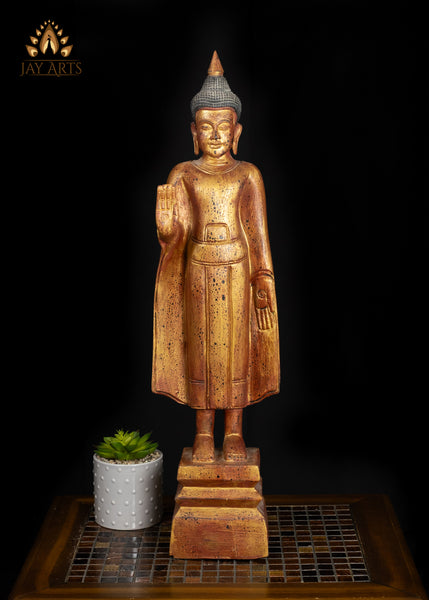 27" Cambodian Abhaya Buddha Wooden Statue Golden Red Finish