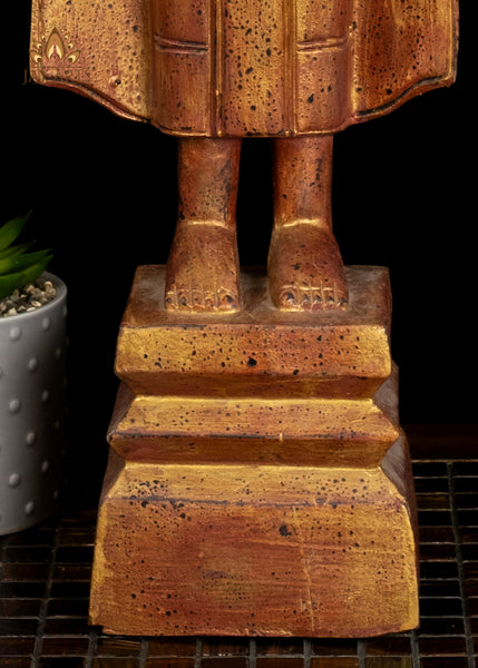 27" Cambodian Abhaya Buddha Wooden Statue Golden Red Finish