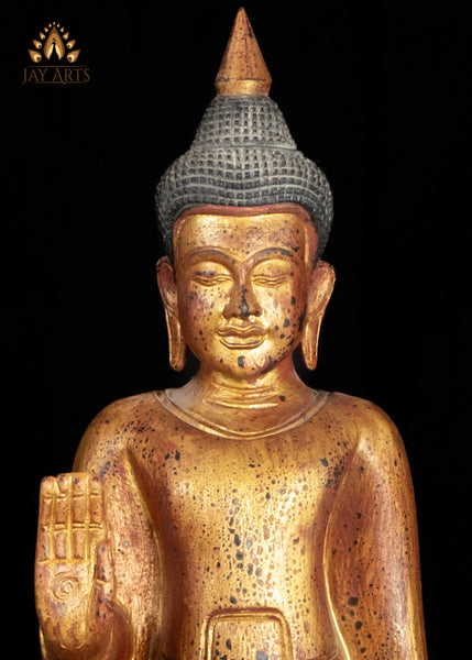 27" Cambodian Abhaya Buddha Wooden Statue Golden Red Finish