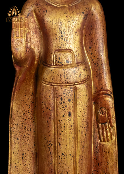 27" Cambodian Abhaya Buddha Wooden Statue Golden Red Finish