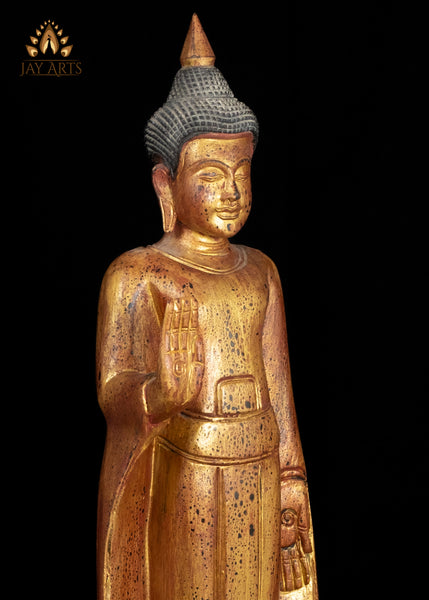 27" Cambodian Abhaya Buddha Wooden Statue Golden Red Finish