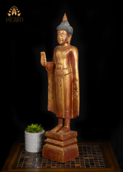 27" Cambodian Abhaya Buddha Wooden Statue Golden Red Finish