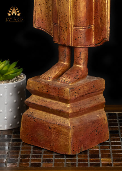 27" Cambodian Abhaya Buddha Wooden Statue Golden Red Finish