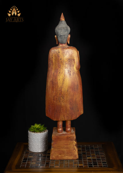 27" Cambodian Abhaya Buddha Wooden Statue Golden Red Finish