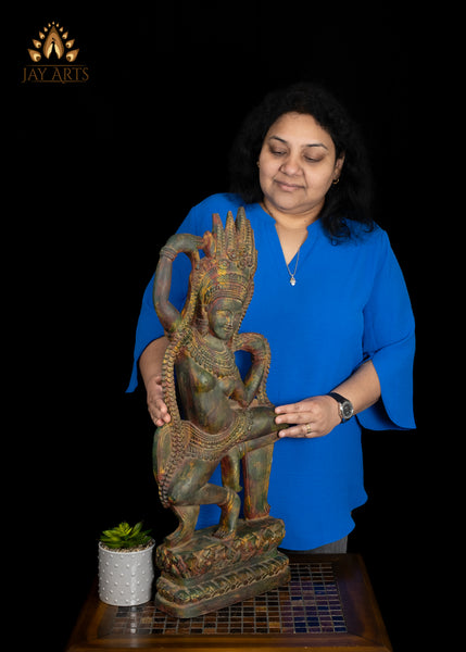 28" Dancing Apsara Wood Statue Cambodian Ethereal Beauty