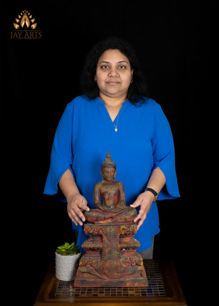 20" Cambodian Wooden Buddha in Meditation Seated on Decorative Base