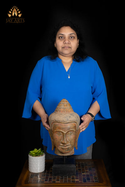 18" Serene Buddha Head on Wooden Base Rust Red and Muted Yellow Finish