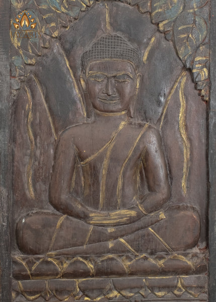 31" Meditating Buddha Hand-Carved Wall Panel from Reclaimed Cambodian wood