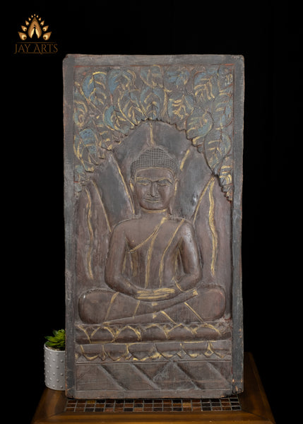 31" Meditating Buddha Hand-Carved Wall Panel from Reclaimed Cambodian wood