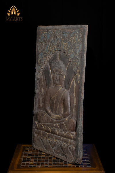 31" Meditating Buddha Hand-Carved Wall Panel from Reclaimed Cambodian wood