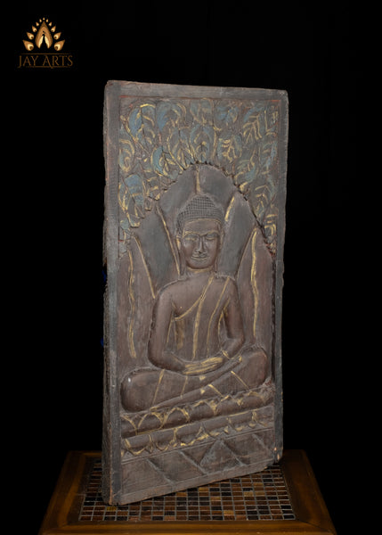 31" Meditating Buddha Hand-Carved Wall Panel from Reclaimed Cambodian wood