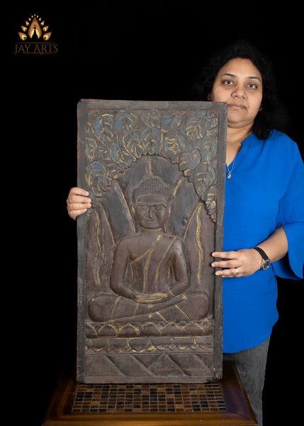 31" Meditating Buddha Hand-Carved Wall Panel from Reclaimed Cambodian wood