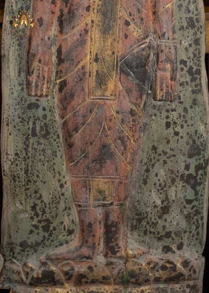 49" Buddha in Varada Mudra Wall Panel Hand-Carved Cambodian Wood with Rustic Finish