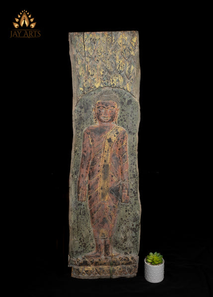 49" Buddha in Varada Mudra Wall Panel Hand-Carved Cambodian Wood with Rustic Finish
