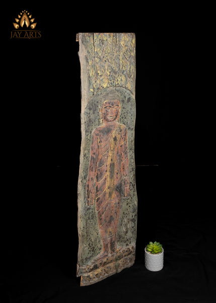 49" Buddha in Varada Mudra Wall Panel Hand-Carved Cambodian Wood with Rustic Finish