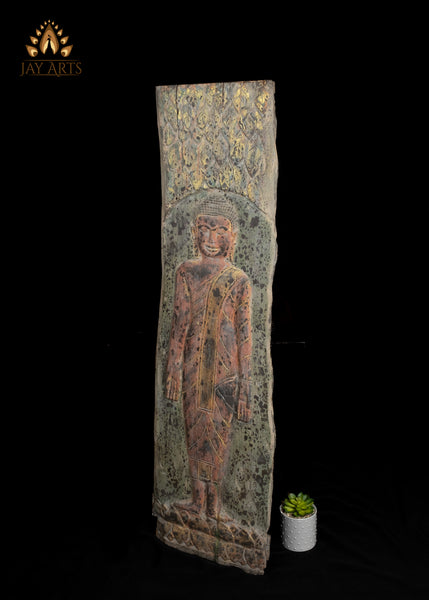 49" Buddha in Varada Mudra Wall Panel Hand-Carved Cambodian Wood with Rustic Finish