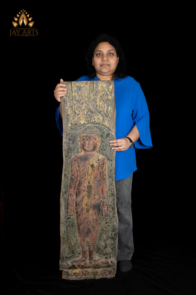 49" Buddha in Varada Mudra Wall Panel Hand-Carved Cambodian Wood with Rustic Finish