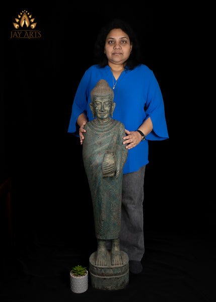 47" Wood Standing Buddha Holding Alms Bowl Hand-Carved in Cambodia