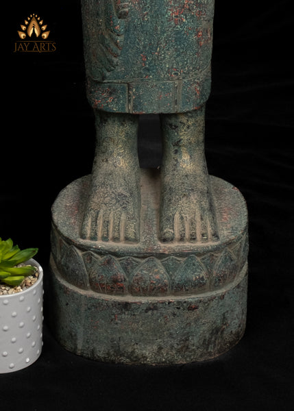 47" Wood Standing Buddha Holding Alms Bowl Hand-Carved in Cambodia