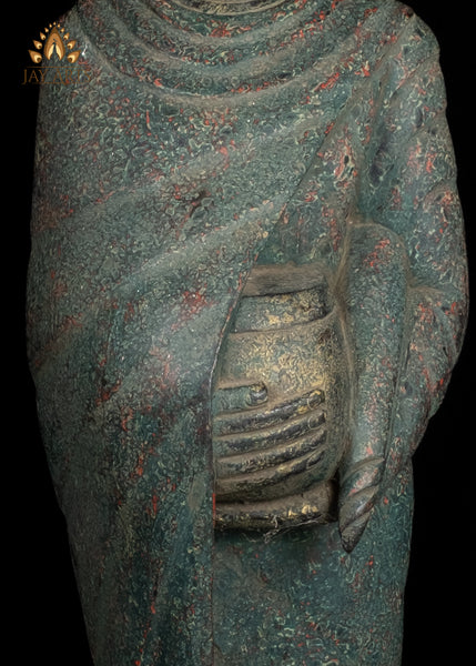 47" Wood Standing Buddha Holding Alms Bowl Hand-Carved in Cambodia