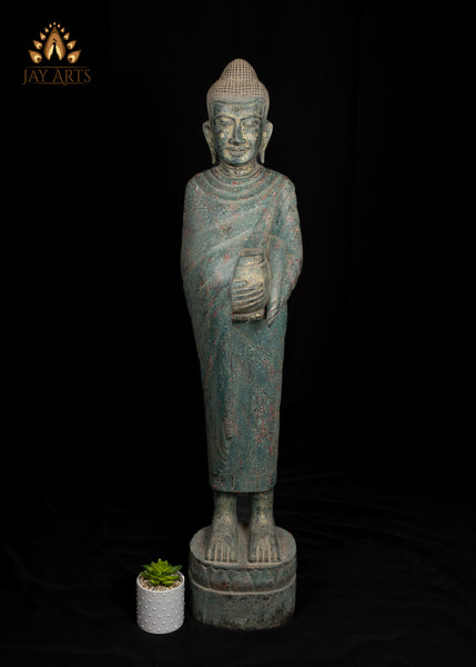 47" Wood Standing Buddha Holding Alms Bowl Hand-Carved in Cambodia