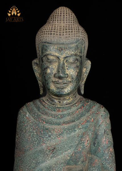 47" Wood Standing Buddha Holding Alms Bowl Hand-Carved in Cambodia