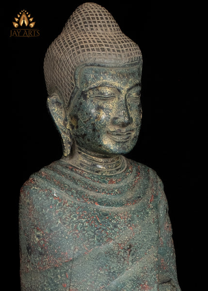 47" Wood Standing Buddha Holding Alms Bowl Hand-Carved in Cambodia