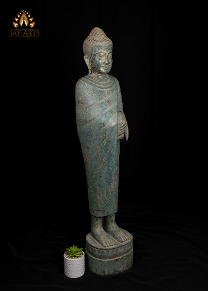 47" Wood Standing Buddha Holding Alms Bowl Hand-Carved in Cambodia