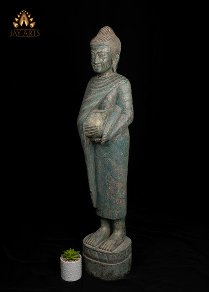 47" Wood Standing Buddha Holding Alms Bowl Hand-Carved in Cambodia