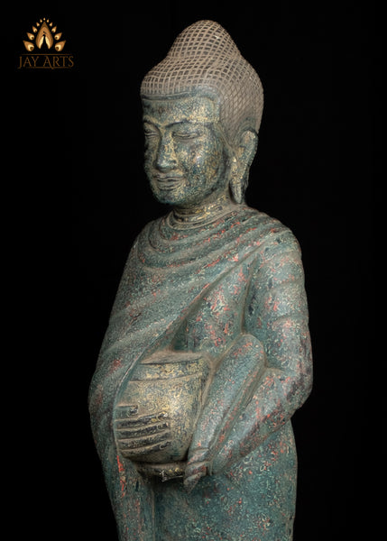 47" Wood Standing Buddha Holding Alms Bowl Hand-Carved in Cambodia