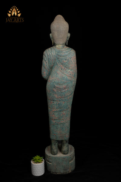 47" Wood Standing Buddha Holding Alms Bowl Hand-Carved in Cambodia