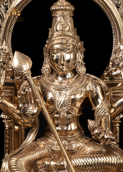 15" Bronze Murugan Seated on an Ornate Throne with Consort Deivanai and a Saint