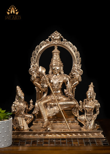 15" Bronze Murugan Seated on an Ornate Throne with Consort Deivanai and a Saint