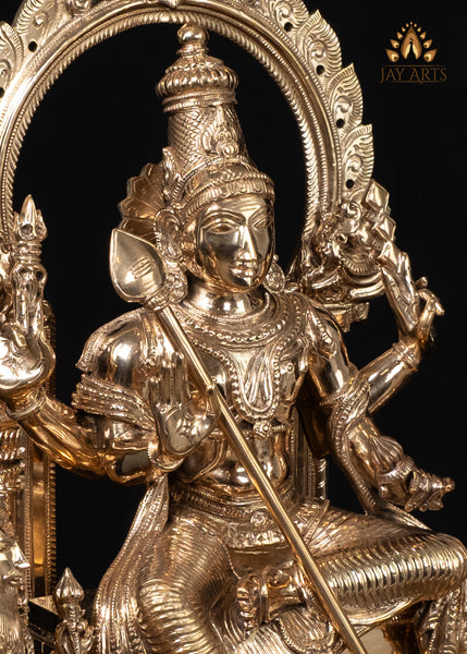 15" Bronze Murugan Seated on an Ornate Throne with Consort Deivanai and a Saint