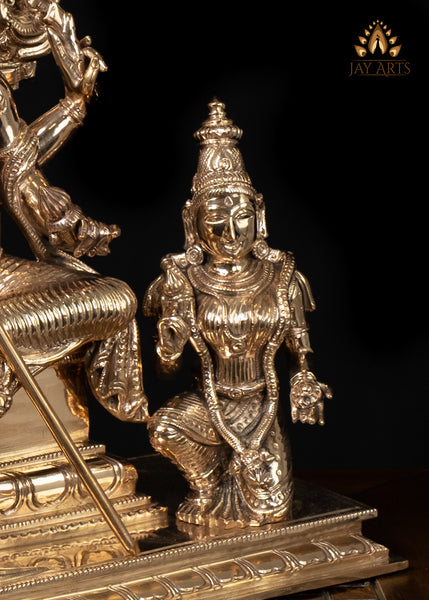 15" Bronze Murugan Seated on an Ornate Throne with Consort Deivanai and a Saint