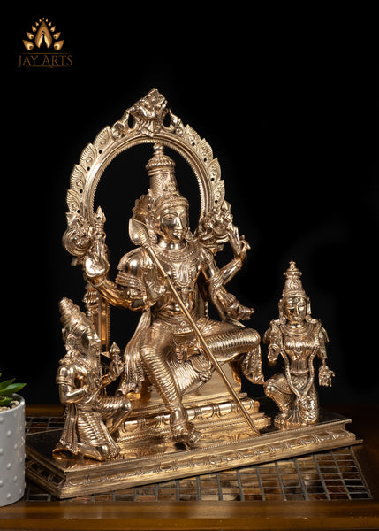 15" Bronze Murugan Seated on an Ornate Throne with Consort Deivanai and a Saint